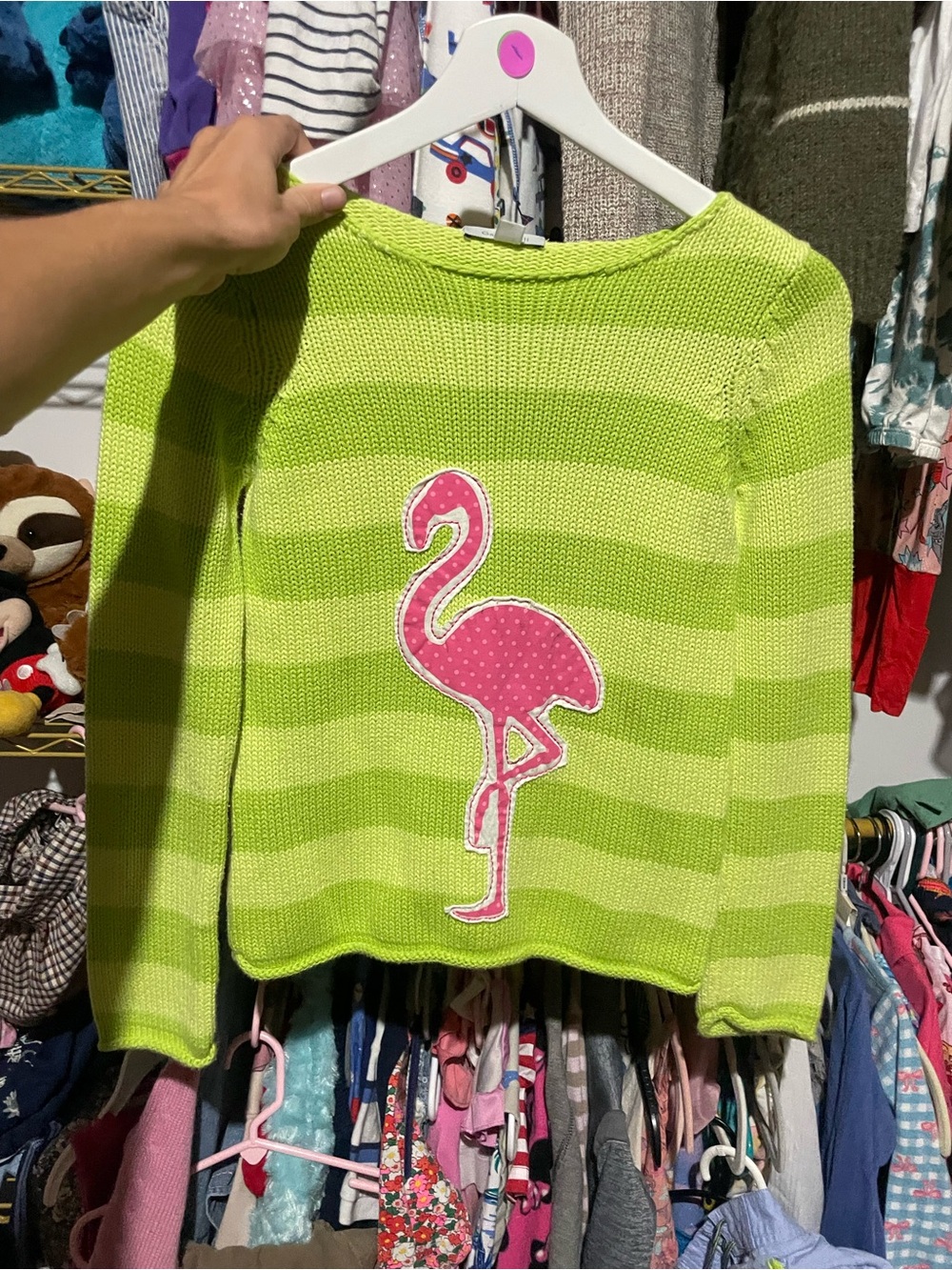 Garnet hill Girls' Lime Green Striped Sweater with Pink Flamingo large